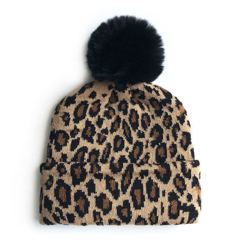 Wholesale Autumn and Winter Warm Double-layer Leopard Print Large Wool Ball Knitted Hats